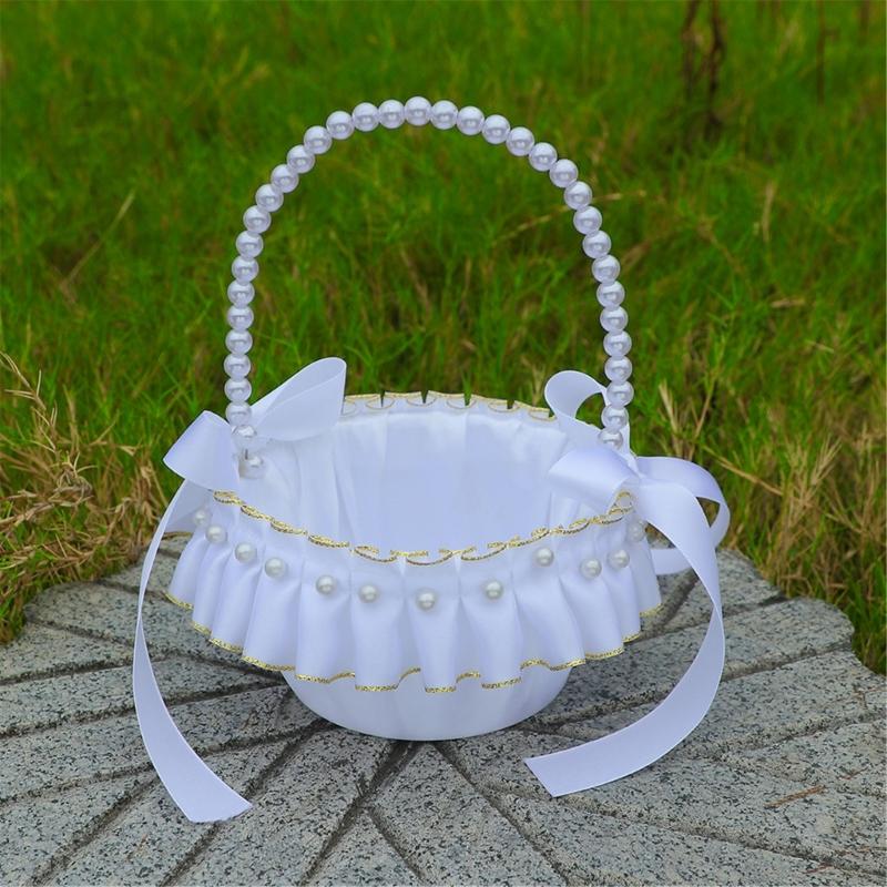 Elegant White And Gold Wedding Decorative Basket For Bridal Ceremonies Parties Decors Durable Fabric Storage Container