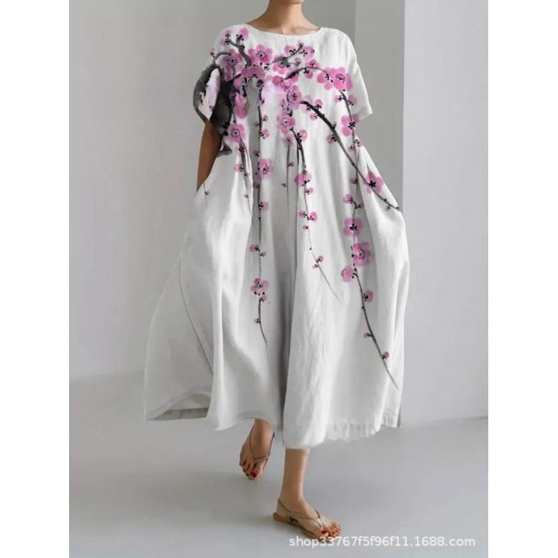 Damen Sommer Übergröße Gestreiftes Print Maxikleid, Lässiges Lockeres Rundhals Kurzarm Oversized A-Linien-Kleid