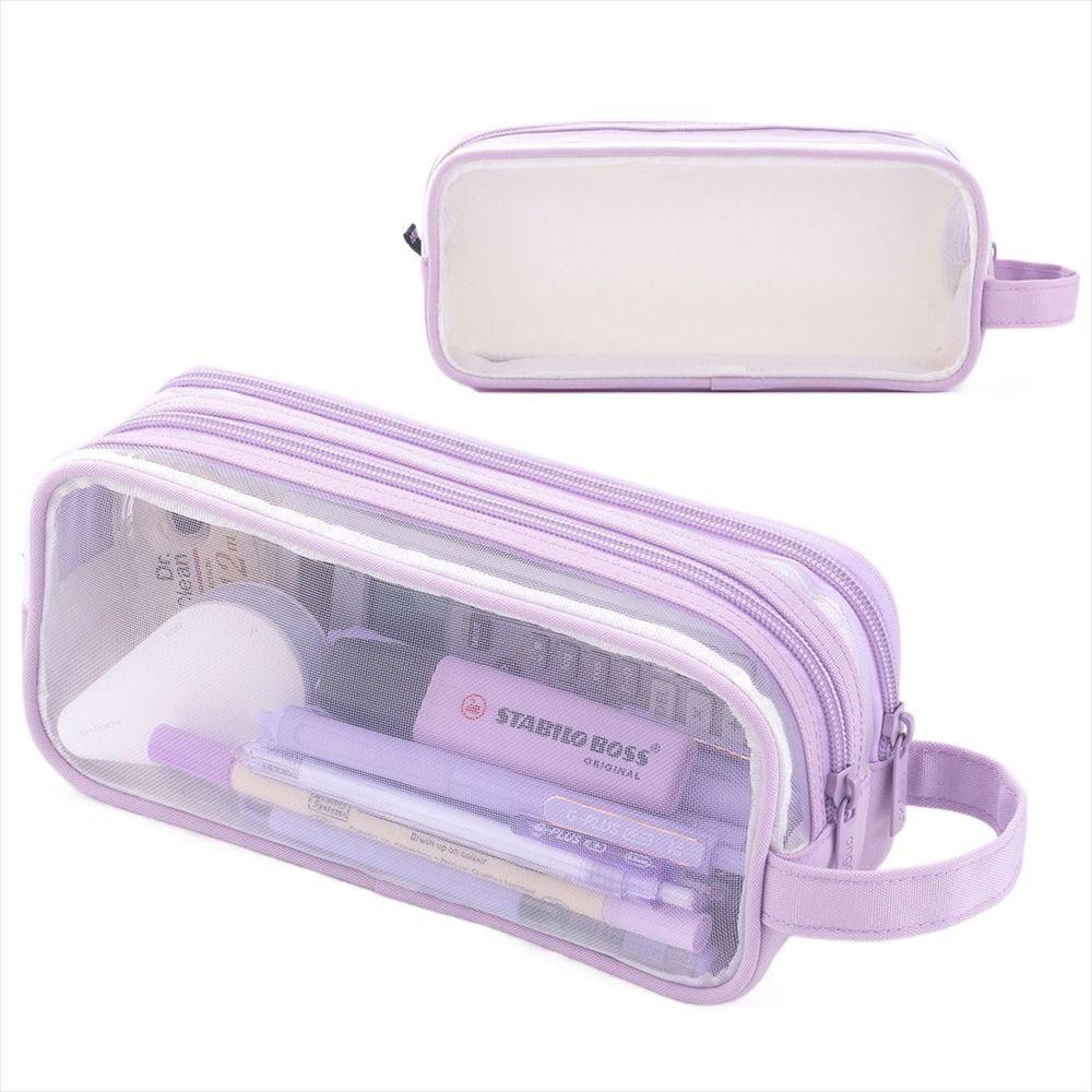 Estuche de Lápices de Malla Grande Dos Compartimentos Estuche para Rotuladores Organizador de Papelería Bolsa de Lápices Transparente Multicolor Bolsa de Maquillaje