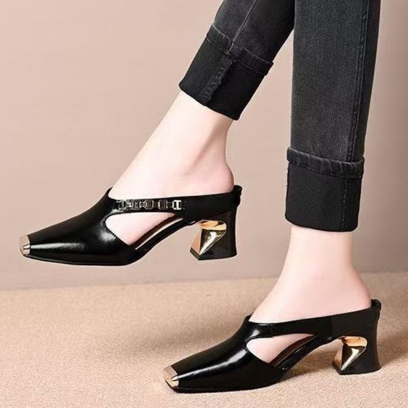 Metal personalized iron head summer new square head summer women wear middle heel soft leather casual one pedal bag head drag