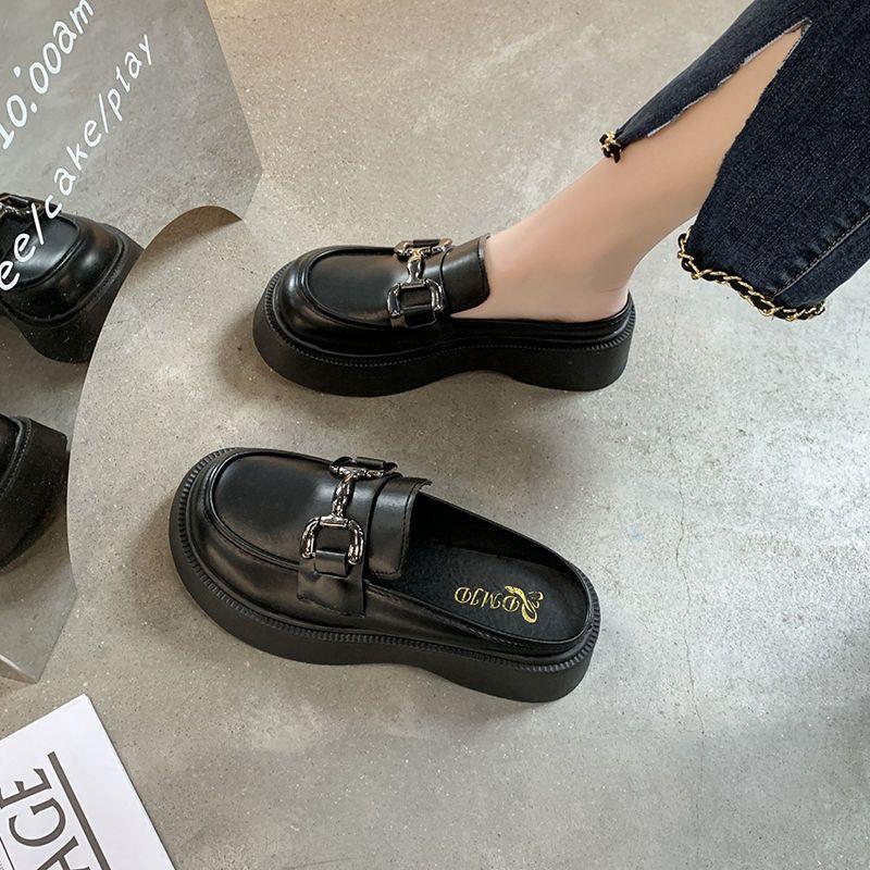 Baotou half slippers women's summer wear 2025 new thick-soled muffin Muller shoes British style leather drag retro sandals