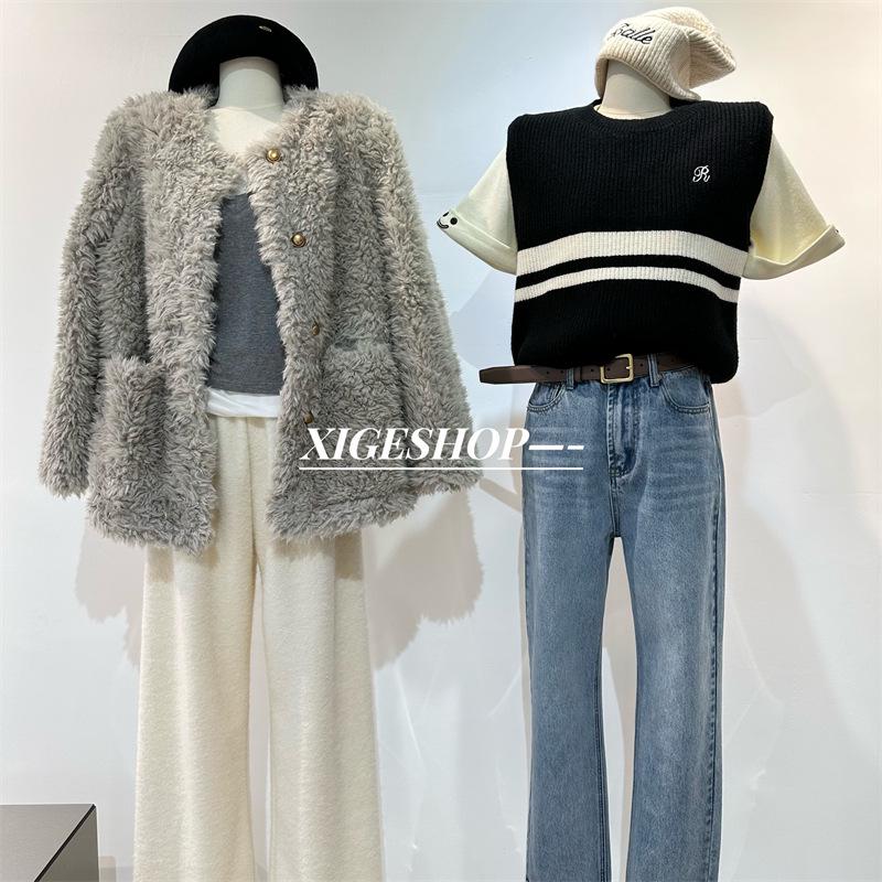 Women's Thickened Off-White Wool Wide-Leg Pants - Autumn/Winter, Loose Fit, Straight Cut