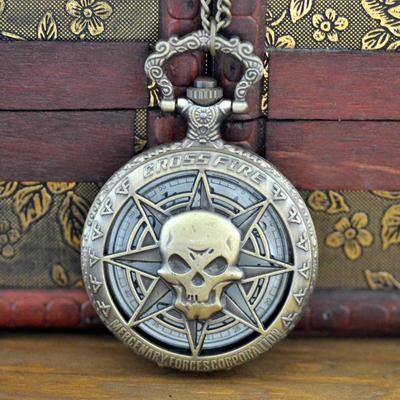 Vintage Mens Pocket Watch Bronze Color Skull Hollow Case Punk Retro Pocket Watch Necklace Pendant