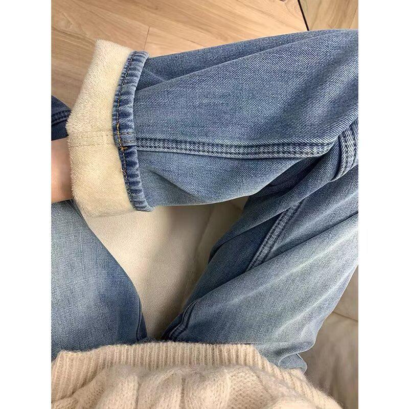 Women's High-Waisted Retro Blue Fleece-Lined Wide-Leg Jeans - Autumn/Winter Slimming Style for Plus-Size.