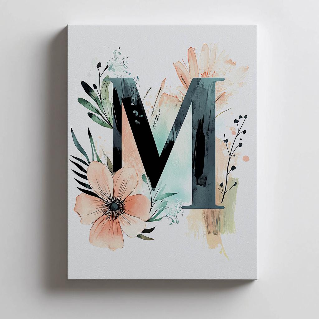 Plakat Litera "M" W Kolorowych Kwiatach I Liściach Plakat Litera "M" W Kolorowych Kwiatach I Liściach, 50X70 Cm, Bez Ramy, Papier Matowy 230 Gsm