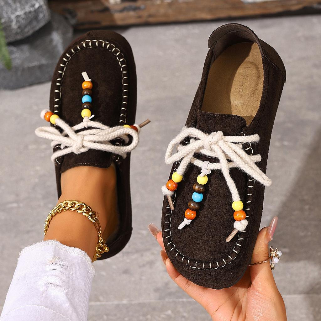 Large Size Lace-up Beaded Casual Shoes Autumn New Suede Retro Round Head
