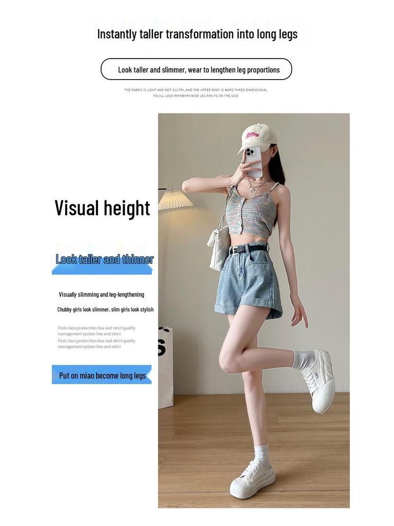 Women's Summer Slimming Rhinestone Denim Hot Pants - Loose Wide-Leg Petite Style