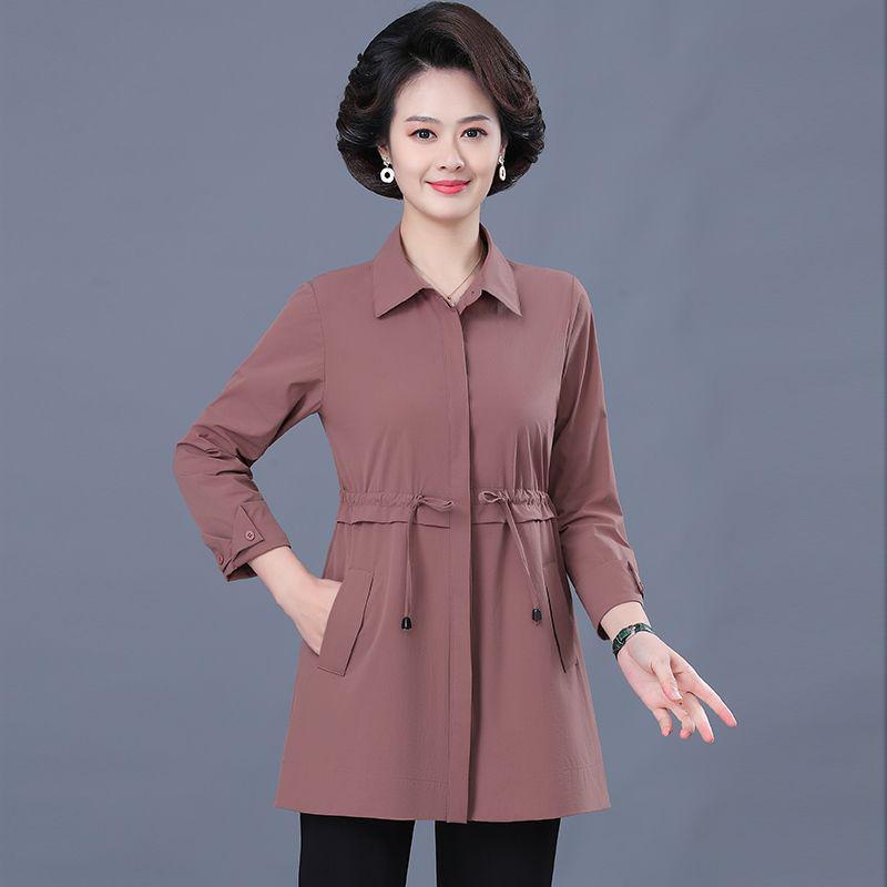 Women's Slim Fit Mid-Length Trench Coat for Spring and Autumn - Fashionable Solid Color for Middle-Aged and Elderly Moms