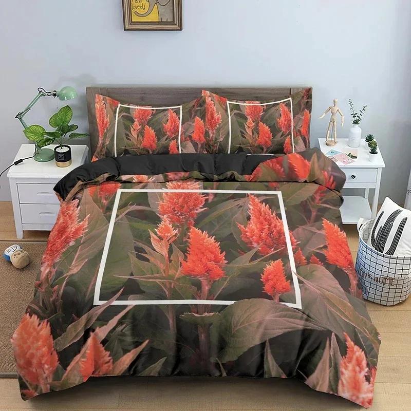 Blühende Blumen King Queen Bettbezug Rote Granatapfelblüte Bettwäscheset für Frauen Lieblich Floral 2/3-teilig Polyester Steppdeckenbezug