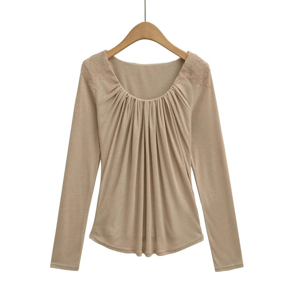 Double-Layer Lace Applique Comfortable Pleated U-Neck Long-Sleeve Feminine Waist-Slimming T-shirt