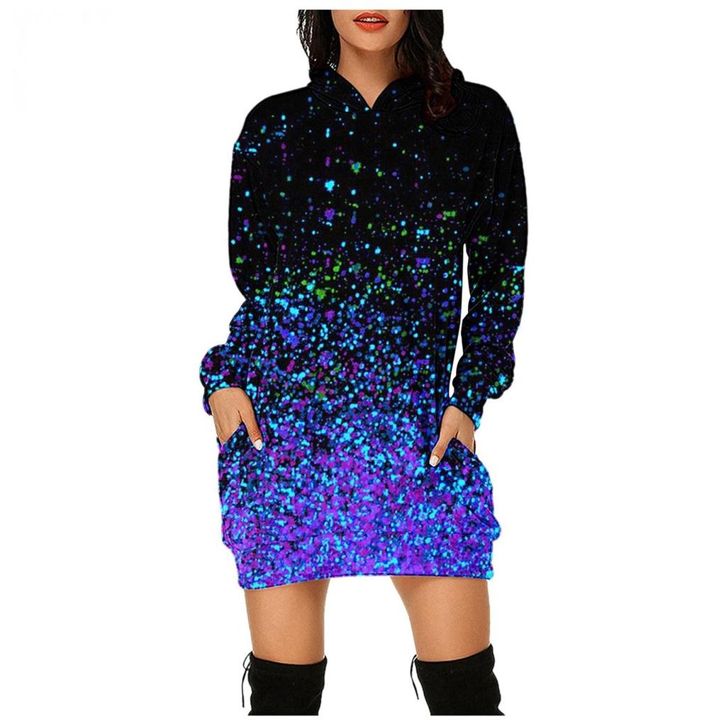 Women's Fashion Casual Print Long Sleeve Pocket Pullover Hooded Blouse Top