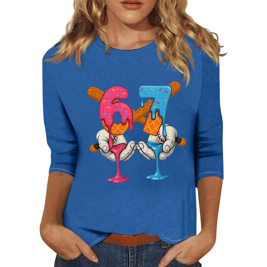 Women's Fashionable Casual Three-Quarter Sleeve Printed Neck T-Shirt Top