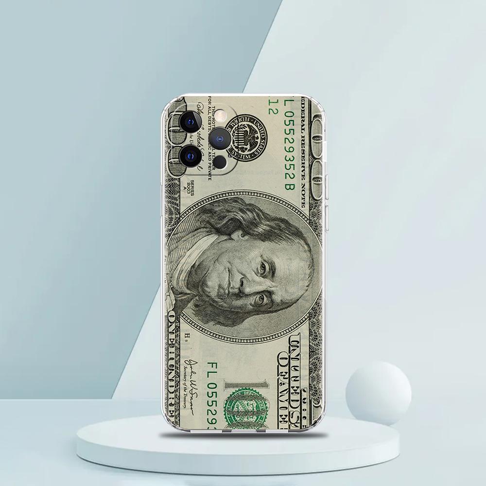 USD Dollar Cash Luxury Soft Transparent Phone Case Cover for iPhone 16 15 14 13 12 11 Pro Max XR 8 7 Plus XS Max Shockproof Bag