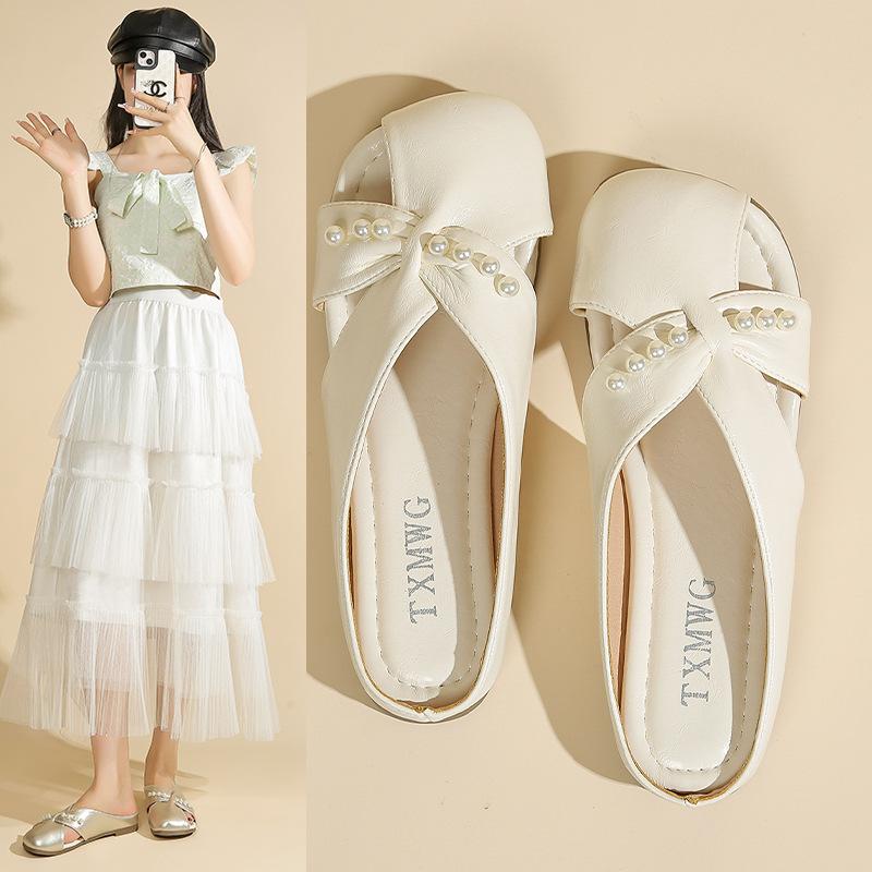Baotou half slippers women's 2025 summer new outer wear one pedal low heel cool slippers French flat bottom outer wear hollow
