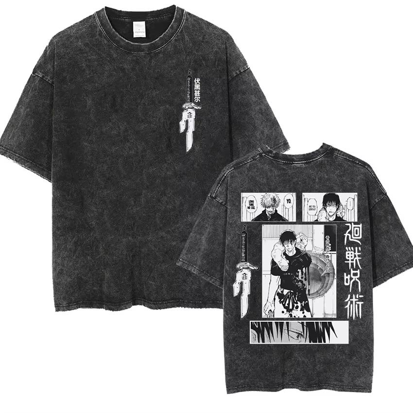 Washed T-Shirt Gojo Satoru Anime Jujutsu Kaisen Harajuku Cotton Retro Men Streetwear Oversized Women Short Sleeves