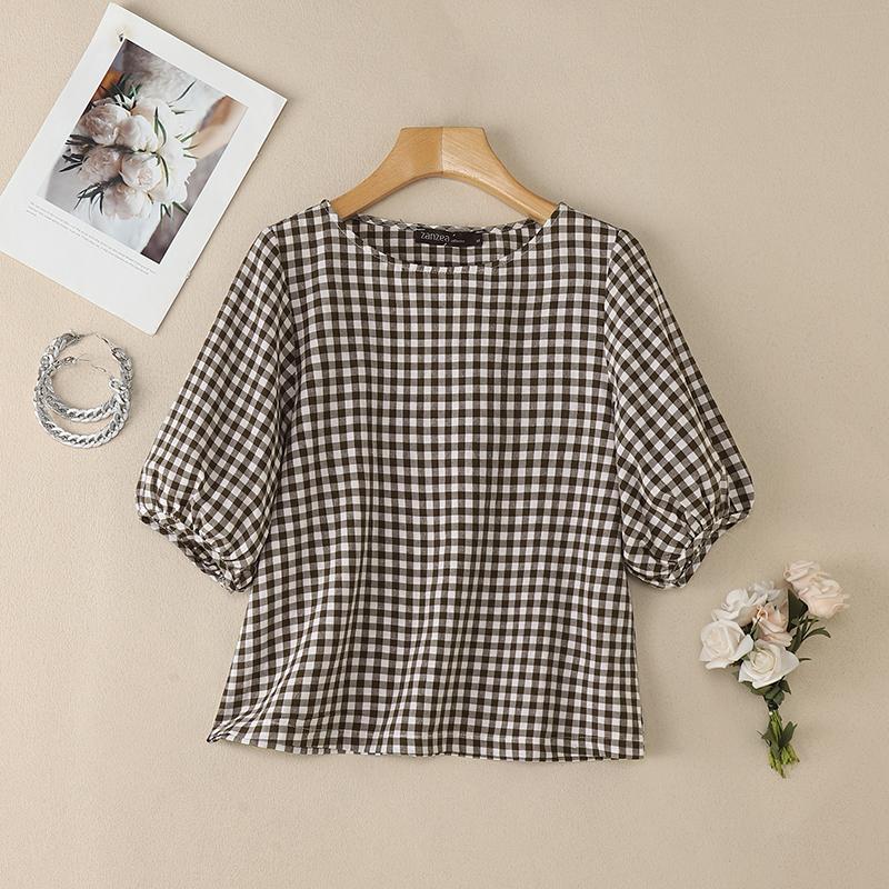 ZANZEA Women Casual Round Neck Plaid Print Loose Short Sleeve Blouse