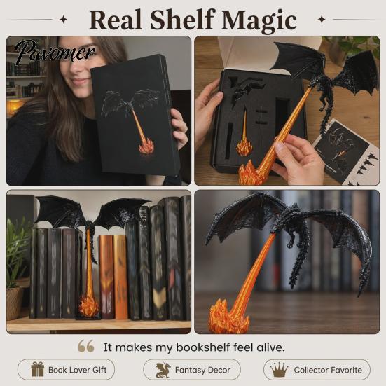 Display Cabinet Ornaments Dragon Flame Book Nook Decor, 3D Printed Fire-Breathing Figurine, Glow In Heavy Duty Support The Dark Ornament, Fantasy