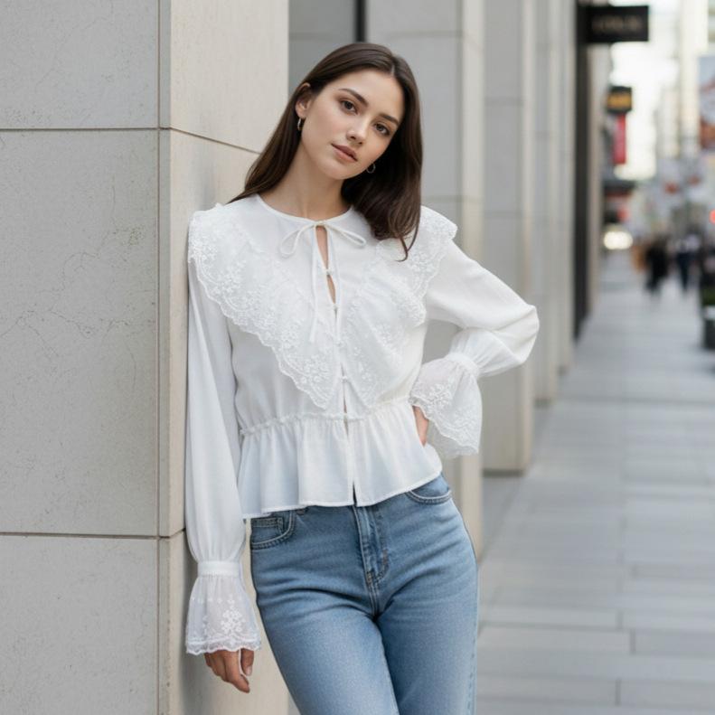 French lace splicing lace-up waist long-sleeved shirt women's 1116 summer Tencel white fly-sleeved top