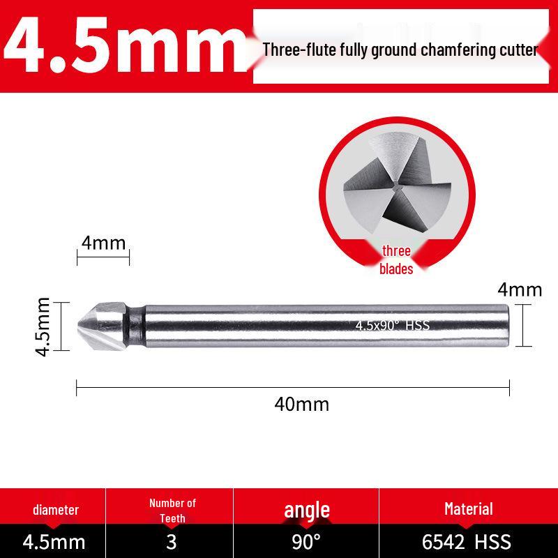 Straight Shank Single-Edge 3-Flute 45° Chamfering & Deburring Countersink Drill Bit, 90° Inner Hole Trimmer