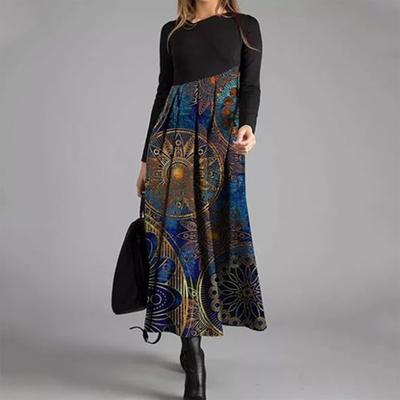 Dámske šaty Asymetrický výstrih Patchwork Áčková sukňa Farebná potlač Skladané Dlhý rukáv Bohémsky štýl Voľné Maxi šaty