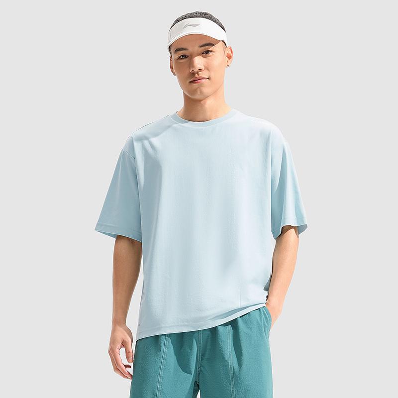 Li Ning Cooling Tea T Ice Silk Quick-Dry Cool Solid Color Round Neck Casual Sports Short Sleeve T-Shirt Men Tops Light-Blue ATSU731-7