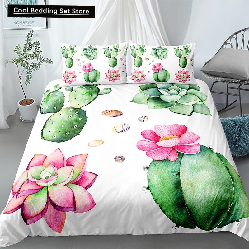 Cactus King Queen Duvet Cover Succulents Bedding Set for Kids Teens Adults Green Botanical Flowers 2/3pcs Polyester Quilt Cover