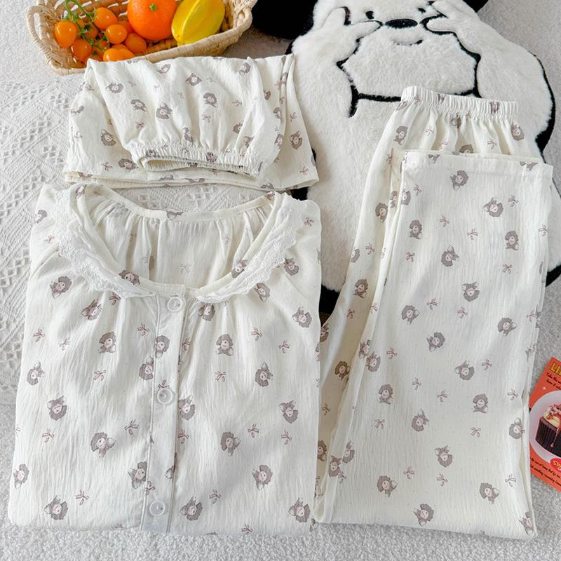 Simple Puppy Style Cute Round Neck Lace Cloud Cotton Light Luxury Pajamas Women'S Summer Three-Piece Set