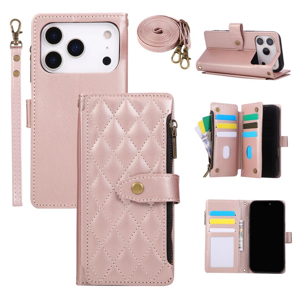 For iPhone 17 16 15 14 13 12 Pro Max Crossbody Strap Multi-Functional Delicate Leather Comfortable Grip Zipper Bag Wallet Case