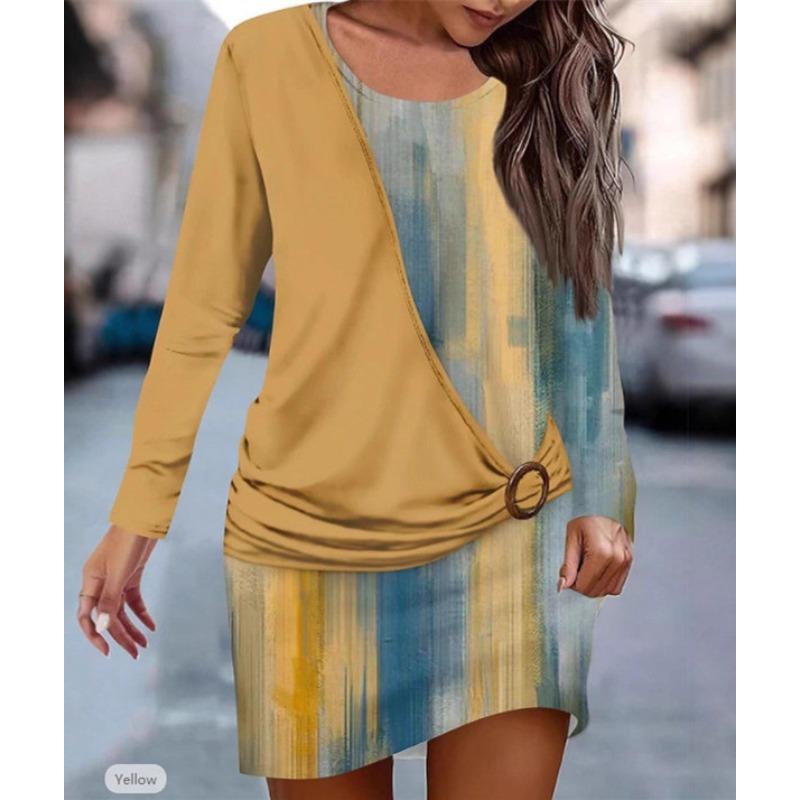 JKASHDK Women's Fashion Spring Fall Colour Block Print Long Sleeve O-Neck Loose Waistline Casual Dresses