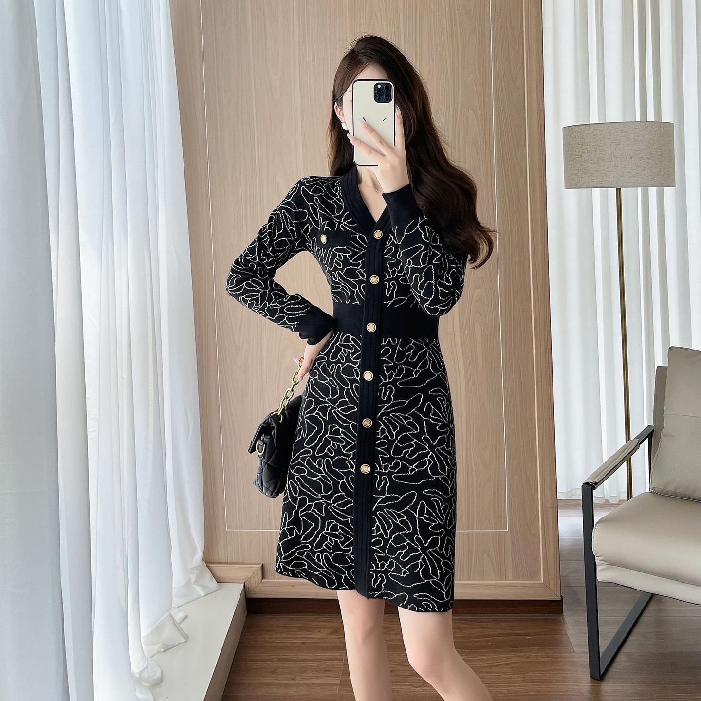 

Women s Autumn/Winter Long Sleeve Jacquard A-line Knit Woolen Dress Extra Large