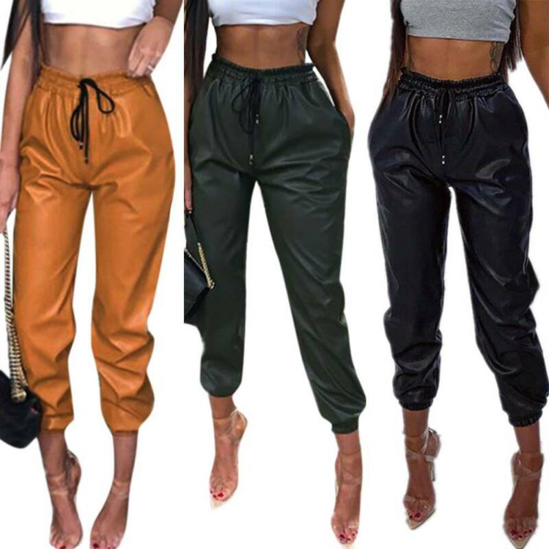 Buy Women Wet Look PU Pants Elastic 