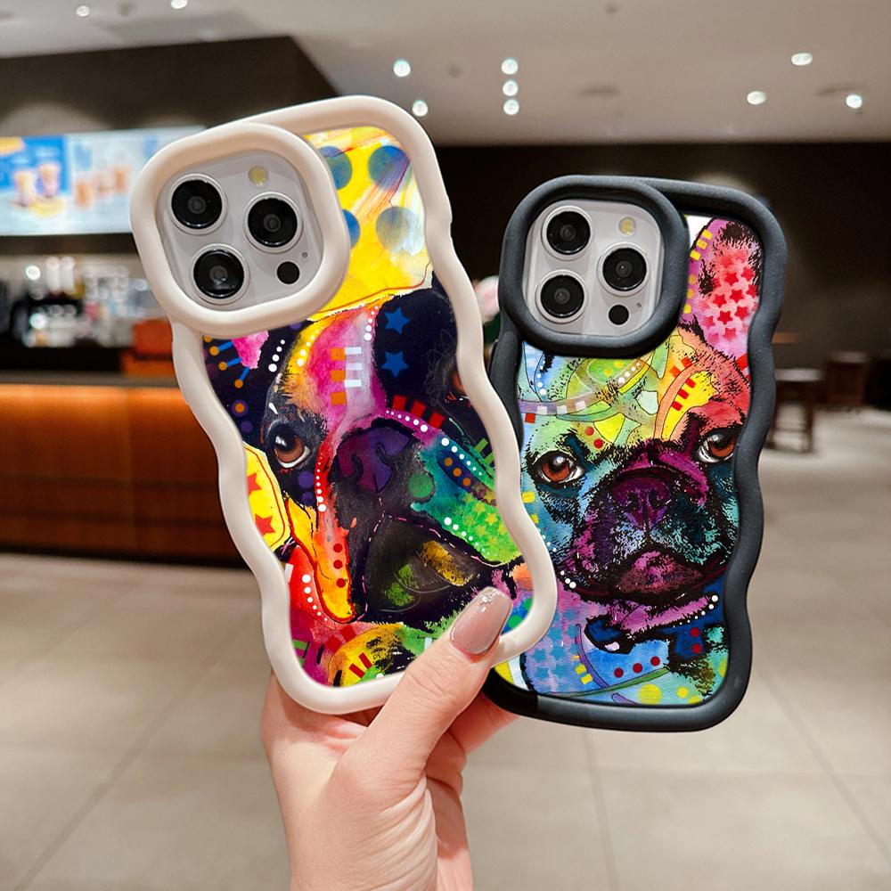 Macaron Big Wave Soft Phone Case for iPhone 11 12 13 14 15 Samsung A13 A14 A15 A24 A53 A54 A55 Xiaomi Redmi Note 13 12C Cover A44 French Bulldog Dog