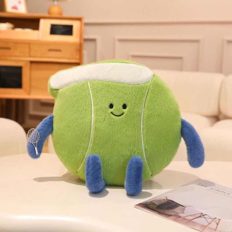 Neues Tennis und Tennisschläger Plüschtiere Kawaii Tennis Sportpuppe Weicher Tennisball Stofftiere Kissen Lustiges Sofa Dekokissen