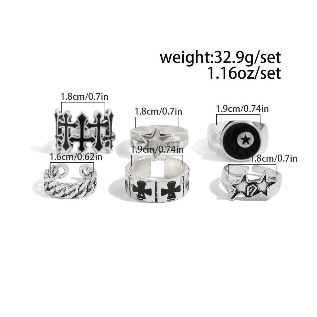 IngeSight.Z 6Pcs/Set Punk Black Pentagram Star Rings Women Men Punk HipHop Silver Color Geometric Thick Finger Ring Y2K Jewelry