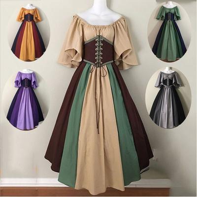 The First Dress of Autumn:New Women Medieval Costume Dress Cold Shoulder Maxi Vintage Renaissance Cosplay Dress Tie Up Corset Waist