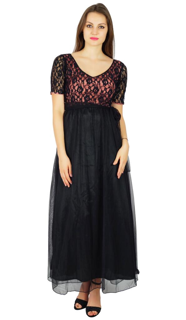 Bimba Womens Full Length Maxi Dress Black Net Prom Party Lace Gown