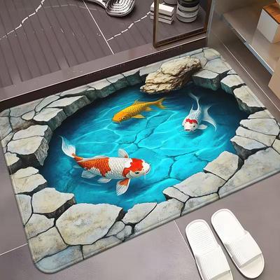 3D Printing Koi Fish Bathroom Mat, Flannel Material, Suitable for Bathroom, Bedroom, Living Room Entrance, Bathroom Mat Durable Floor Mat