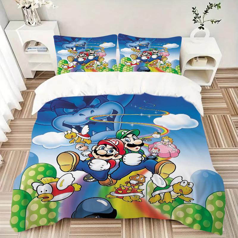 3pcs Mario Bros Characters Print Bedding Set (1 Cover + 2 Pillowcases, Without Inserts), This Printed Bedding Set is Soft and Comfortable, S