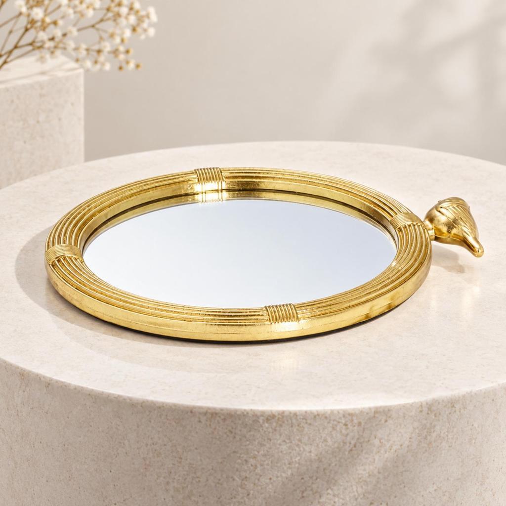Round Decorative Tray with Mirrored Base Reflective Luxurious for Coffee Table,
