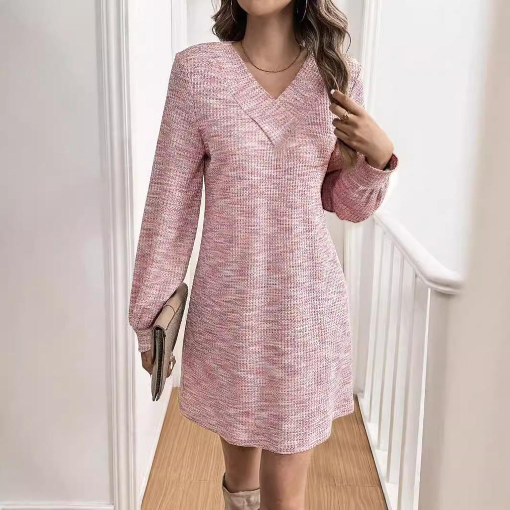 Women's Dress Fashion Casual Colorful Waffle Long Sleeve Loose Knee Dress
