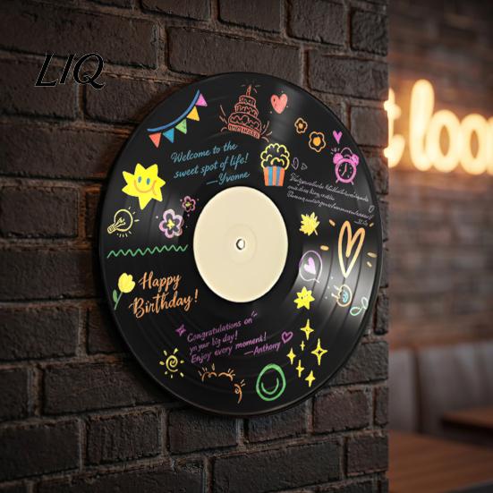 Retro Wall Decorations Vinyl Record DIY Graffiti Clock Ornament, Blank Acrylic Tabletop Reusable Drawing Surface Decor with Stand, Personalized