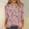 Women's Casual Floral Print Round Neck Top with Three Quarter Sleeves Loose Fit Comfortable Lightweight Blouse for Spring Summer