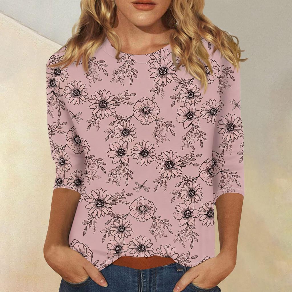 Women's Casual Floral Print Round Neck Top with Three Quarter Sleeves Loose Fit Comfortable Lightweight Blouse for Spring Summer