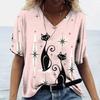 Summer V-neck 3D Cat Printed Top Fashionable Casual Short Sleeved Women's T-shirts