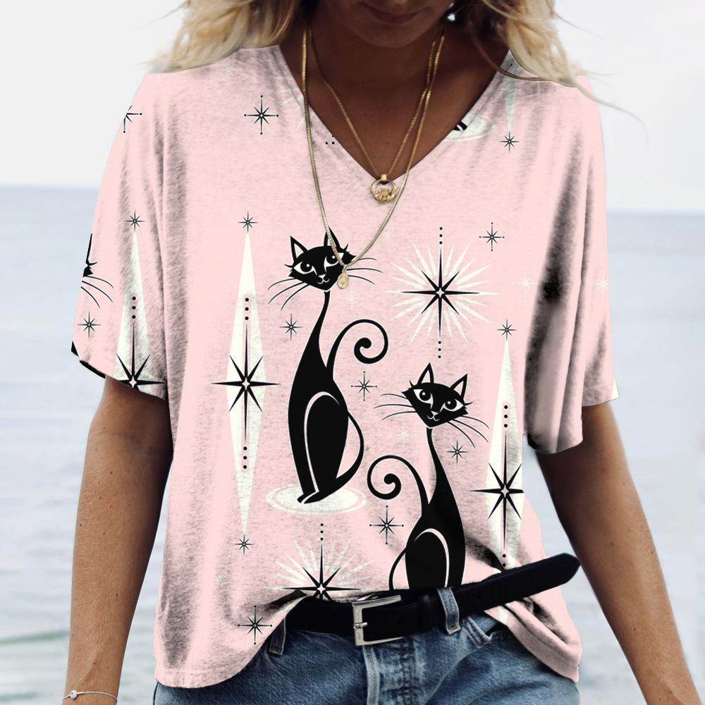Summer V-neck 3D Cat Printed Top Fashionable Casual Short Sleeved Women's T-shirts