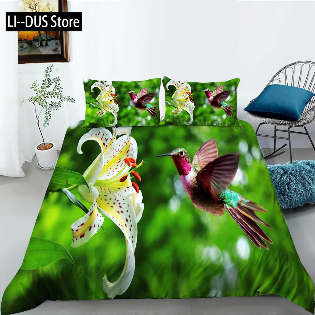 Kolibri påslakan Set King/Queen Storlek Liten Och Söt Tropisk Fågel Gul Blomma Gröna Blad Sängkläder Set Kvinnor