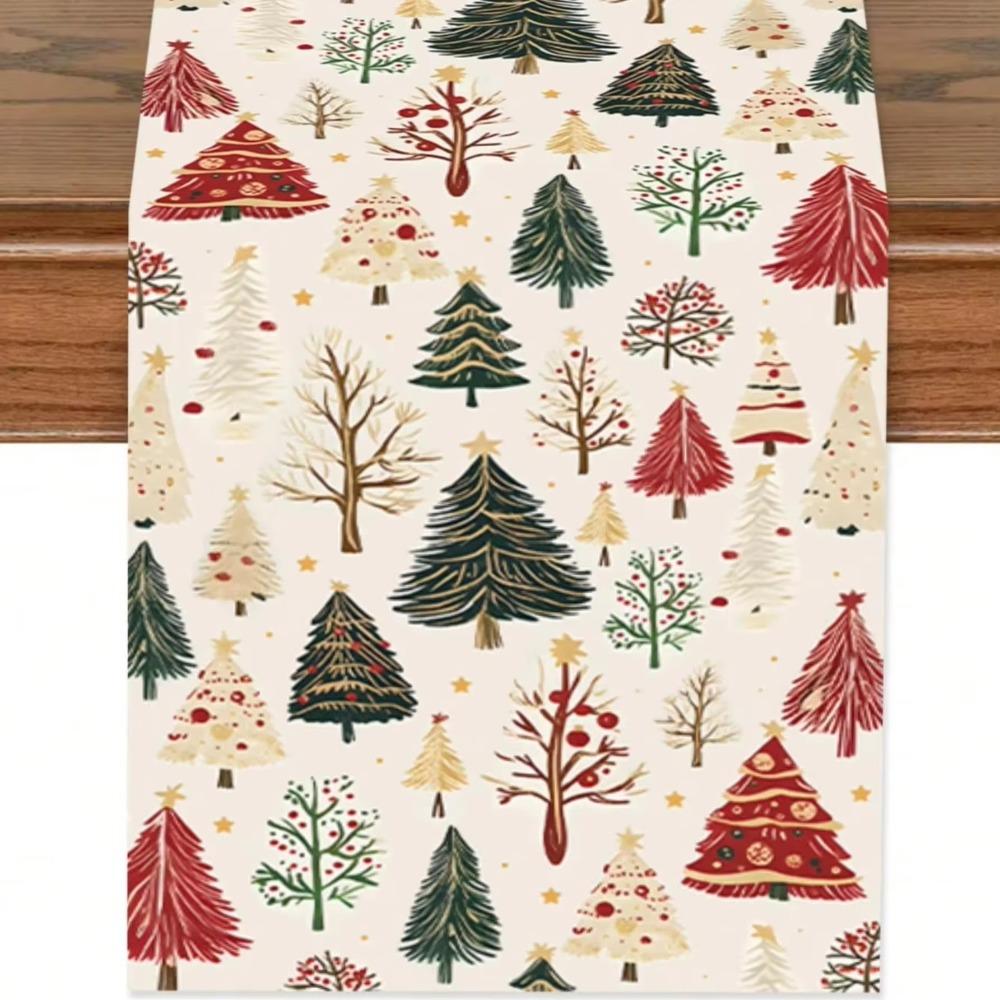 Mixed Pine Tree Pattern Holiday Tablecloth Polyester Party Table Decor Table Runner  Festive Dining