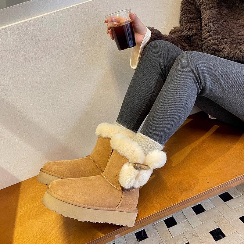 Sangpo Women's Shearling Duffle Coat Snow Boots - Warm Mid-Calf, Thick Sole, Furry Winter Cotton Boots