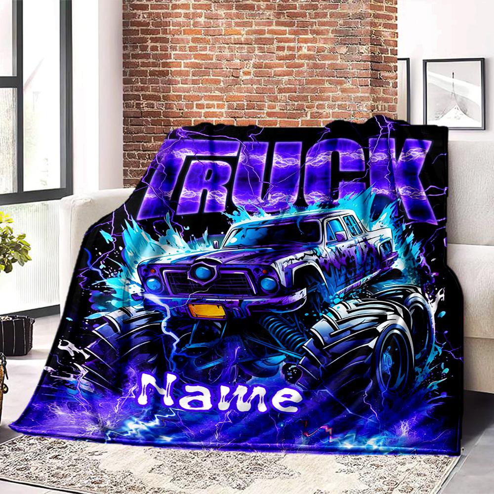 Thundering Monster Truck Electrifying Adventure Throw Customizable Blanket Customize Your Name Warmthful Decor Versatile For Sofa Couch Office Bed