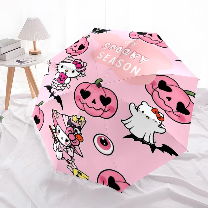 

1pc Hello Kitty Halloween Pumpkin Ghost Bat Eyeball Automatic Open Close Umbrella Portable Three-Fold Design 8-Bone Iron Frame Outdoor Umbrella Festiv